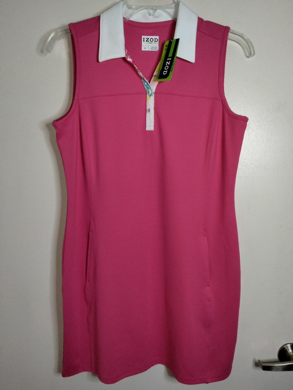 Izod (Size L) Pink & White Stretch Sleeveless Slip Pockets Polo Dress (NEW-NWT)